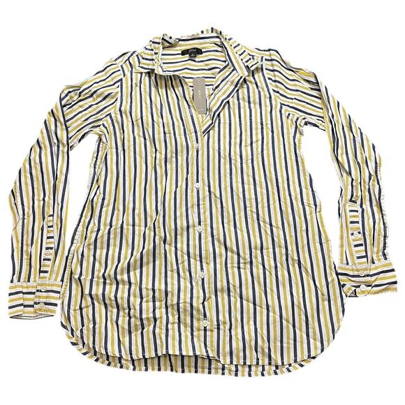 NWT J Crew Striped Classic Fit Boy Shirt Button Top Blue Yellow White Women’s 2 - Picture 1 of 7
